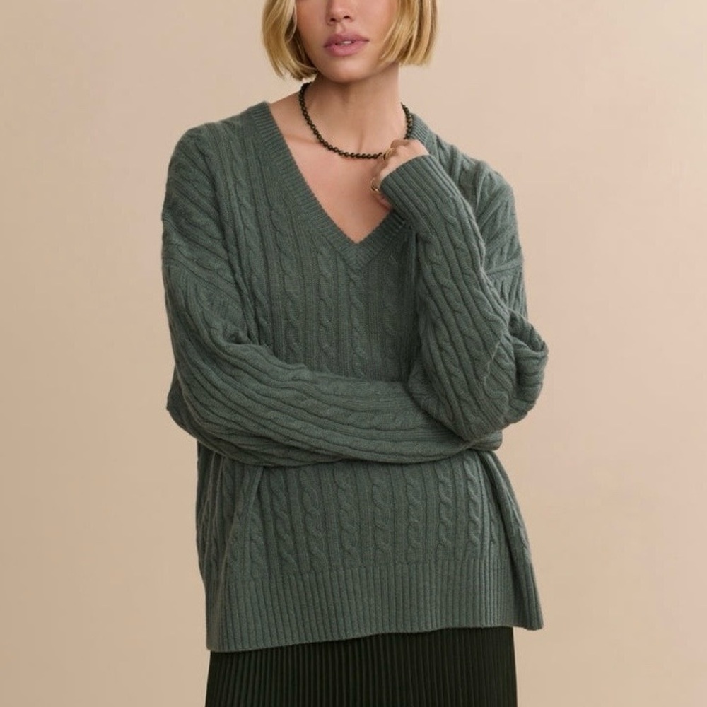 JENNI KAYNE Nell Cable Knit Wool Cashmere Oversized Green Sweater XS/S